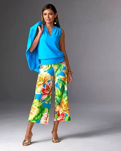 Boston Proper Set - Beyond Travel Wide Leg Crop Print Pant Suit - Blue Multi - M - Picture 1 of 14