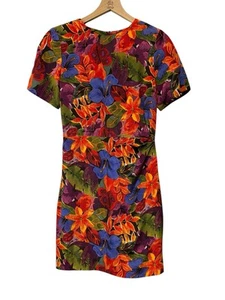Vintage 90s Casual Corner 100% Silk Tropical Floral Print Short Sleeve Dress 6 - Picture 1 of 15