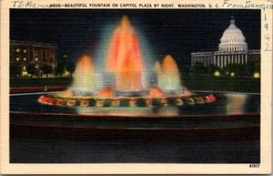 Washington DC Beautiful Fountain Capitol Plaza at Night Scene Postcard PM 1942 - Picture 1 of 2