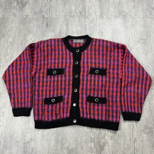 VTG 90S AMANDA SMITH ECLECTIC MOHAIR FUZZY BUTTON FRONT 4-POCKET CARDIGAN SZ L - Picture 1 of 6