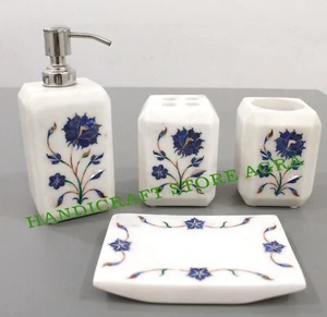 Set di 4 pz accessori bagno di lusso intarsio marmo bianco di 4 pz. Decorazione bagno - Foto 1 di 8