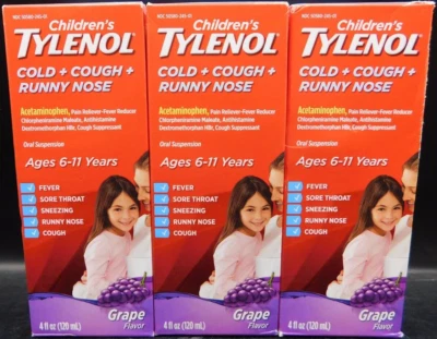 3 peças Tylenol infantil frio, tosse e nariz escorrendo uva 4 fl oz Ea validade: 7/26 novo - Imagem 1 de 4