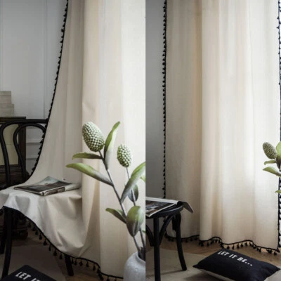 Semi-Blackout Cotton Linen Curtain Tassel Drape Window for Living Room Bedroom - Image 1 of 4