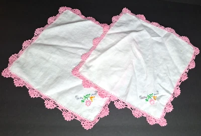 Vintage Floral Embroidered Handkerchief Lot of 2 Crochet Lace Trim White Pink - Image 1 of 4