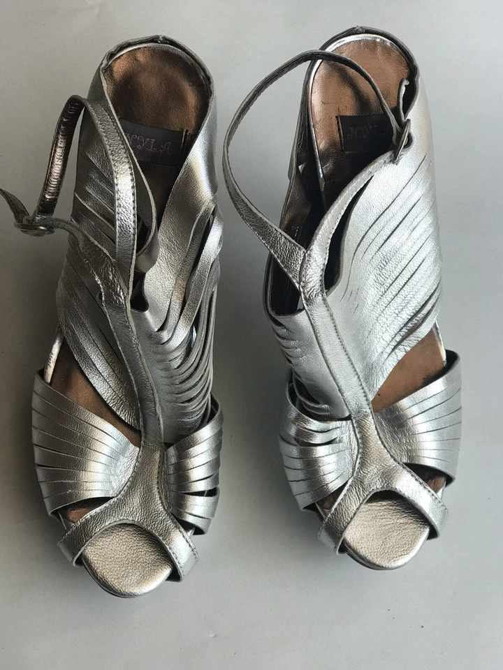 N.Y.L.A. WMS 9.5 Bande Silver Leather Upper Ankle Strap High Heel Sandals Used - Image 1 of 4