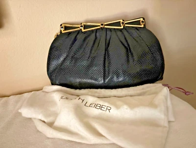 VINTAGE SNAKESKIN DARK BLUE JUDITH LIEBER CLUTCH/ LEATHER STRAP, 6"x10" - Image 1 of 4