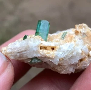 Muestra de cristal de turmalina verde natural terminado de 25,43 gramos en feldespato - Imagen 1 de 14