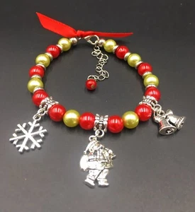 Kids Christmas Santa Clause Bracelet Bells Snowflake Red & Gold Bead Charm - Picture 1 of 2