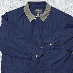 Eddie Bauer Jacket Mens XXL Navy Blue Outdoor Leather Collar Quilted Linen - Picture 1 of 16