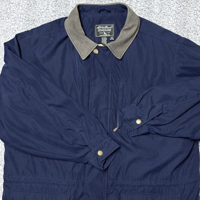 Eddie Bauer Jacket Mens XXL Navy Blue Outdoor Leather Collar Quilted Linen - Image 1 of 4
