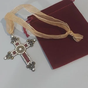 Vintage rot Emaille Metall Weihnachten Kreuz Ornament 3" rot Emaille Faux klare Edelsteine  - Bild 1 von 6