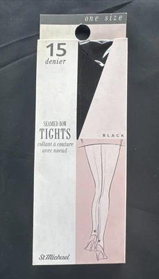 Vintage St Michael Seamed Tights With Bow Motif  M&S 15 Denier Black  One Size. - Image 1 of 4