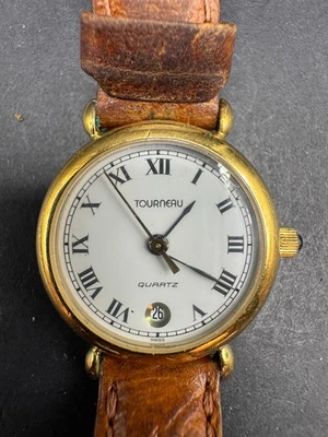 Vintage 90's Tourneau Dress Quartz Date Watch Gold Tone Brown Leather Band 24mm - Image 1 of 4