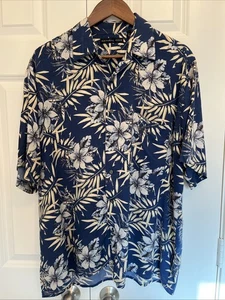 VTG Natural Issue Men’s L Button Up Hawaiian Shirt SS Navy Hibiscus Print Rayon - Picture 1 of 6