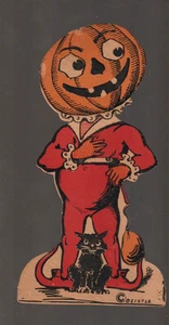 Marcador de lugar vintage HALLOWEEN c1920 STANDUP JOL MAN gato BEISTLE EX CARPENTIER - Imagen 1 de 2