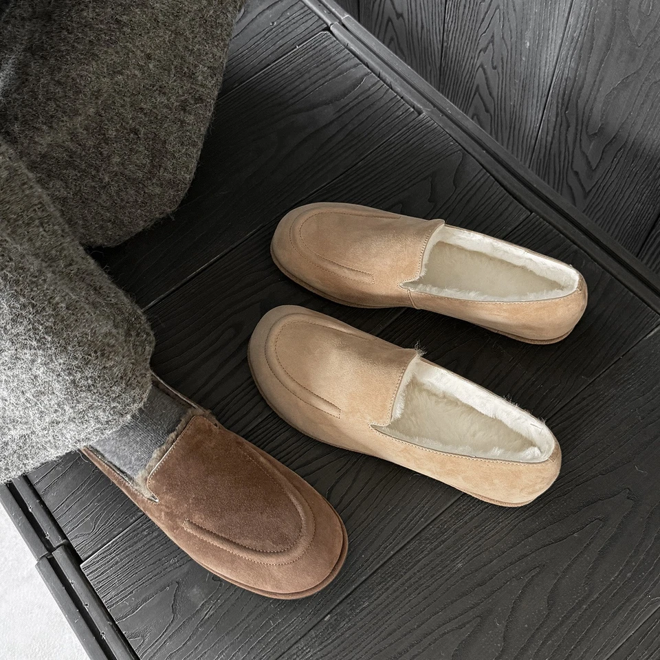 Теплый плоский мех туфли зимние женские меха подкладка мокасины поскользнуться на замшевые кожаные туфли - Изображение 1 из 4