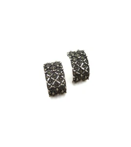 Pair of VTG Sterling Silver Marcasite Lattice 0.75" Half Hoop Pierced Earrings - Picture 1 of 8