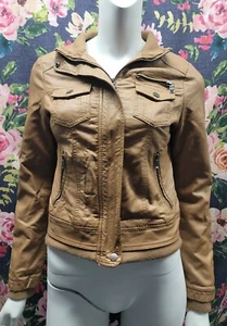 Guess Los Angeles Womens XS Brown Camel Tan Faux Leather PU Bomber Biker Jacket - Picture 1 of 8