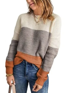 Women's Color Block Sweaters Winter Crewneck Long Sleeve Striped Fall Comfy Loos - Picture 1 of 6