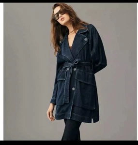 ANTHROPOLOGIE x PILCRO Oversized Draped Dolman Denim Trench Coat Dark Wash - Picture 1 of 10