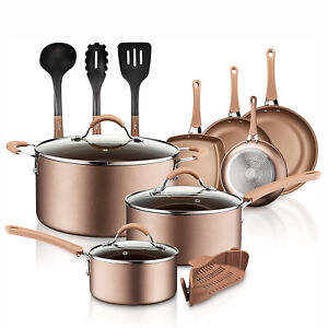 NutriChef Nonstick Cooking Cookware Pots and Pans, 14 Pc Set, Bronze (Open Box)
