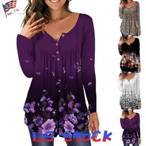 Plus Size Women Floral Long Sleeve Tops Ladies Casual Loose Print Blouse T Shirt - Picture 1 of 40