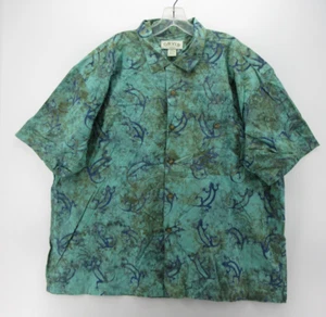 Orvis Shirt Men XXL Green Loop Collar Camp Gecko Lizard AOP Button Up Tiki Batik - Picture 1 of 9