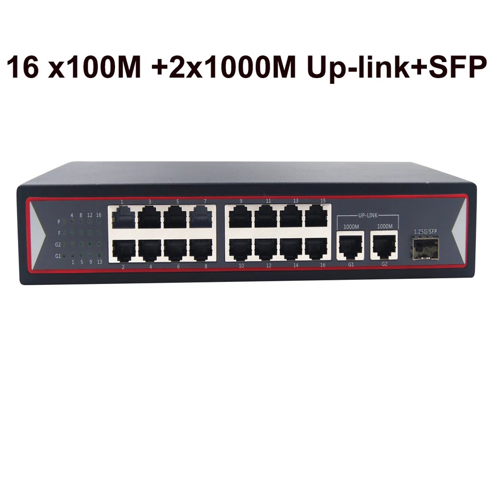 16 Port PoE Switch with Gigabit Uplink and SFP 150W for Network IP Cameras NVR - Image 1 of 4