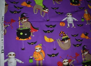 HALLOWEEN SLOTH COSTUME PRINT ON PURPLE 100% COTTON FABRIC 25X43 INCHES - Picture 1 of 3