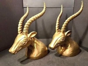 SOLID BRASS Antelope Gazelle Ram Head MCM Bookends PAIR VINTAGE HEAVY - Picture 1 of 5