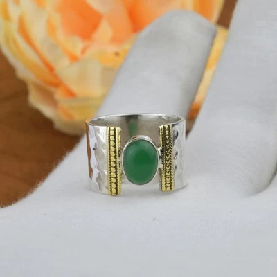 Two-Tone Green Onyx Ring 925 Sterling Silver Handmade Boho ring Gift for Her - Image 1 of 4