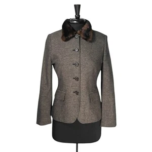Ralph Lauren Women's Coat Brown Lambs Wool Faux Fur Collar Blazer Suit Jacket 4 - Picture 1 of 14