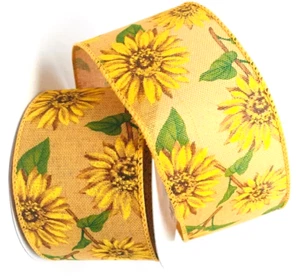Sonnenblume 2,5" mal 2 Yard Herbst gelb Leinen Drahtband Landhaus Herbst Bauernhaus - Bild 1 von 2