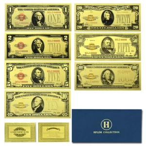 7pcs in Envelope US 1 2 5 10 20 50 100 Dollars Gold Foil Banknotes Set Souvenir - Picture 1 of 9