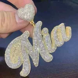 3Ct Round Cut Lab-Created Diamond Customize Name Pendant 14K Yellow Gold Plated - Picture 1 of 5