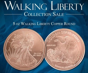 Walking Liberty .999 cobre fino Golden State Mint 5 OZ redondo - Imagen 1 de 4