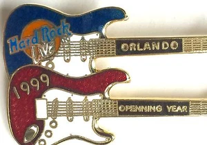 RARE VINTAGE 1999 HARD ROCK CAFE ORLANDO OPENING YEAR DUAL GUITARS ERROR PINBACK - Picture 1 of 4