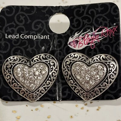 Blazin Roxx Ladies Silver Heart Rhinestone Earrings - Hearts - Post - Image 1 of 4