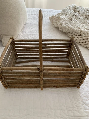 Vintage Unique Handmade Rustic Farmhouse Wooden Rectangular Basket with Handle Cover