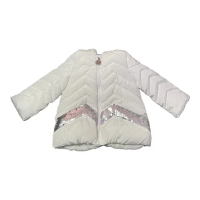 Chaqueta acolchada DKNY bebé niña 12 meses blanca con lentejuelas plateadas abrigo con capucha Foto 1 de 4