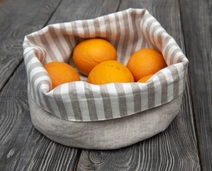 Handmade Linen Bread Basket - Natural Beige & Striped Zero Waste Storage bag - Picture 1 of 14