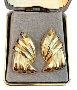 14K Yellow Gold Large Earrings 1.5" tall Huge Fan Bow Swirl Statement Estate - Picture 1 of 14