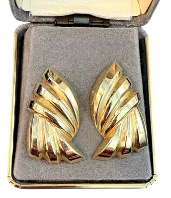 14K Yellow Gold Large Earrings 1.5" tall Huge Fan Bow Swirl Statement Estate - Image 1 of 4