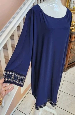 NUEVO CON ETIQUETAS VESTIDO SIN MANGAS TIANA B azul cuello redondo con joyas manga 3/4 tejido elástico talla 3X  Foto 1 de 4