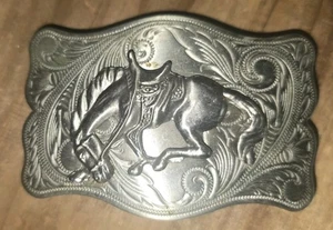 Vintage Bucking Bronco Nickel Silver Belt Buckle - Picture 1 of 6
