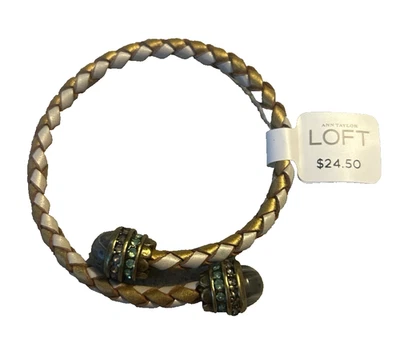 NWT Loft 6” Braided Leather Bangle Bracelet Gold & Cream Green Rhinestones  - Изображение 1 из 4