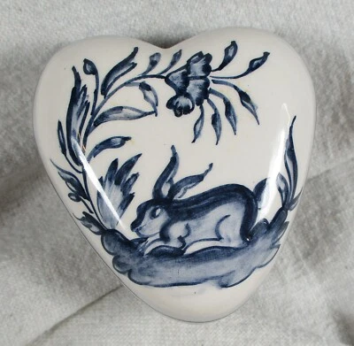 Real Ceramica Coimbra Painted Portugal Heart Rabbit Jewelry Trinket Box! Signed - Image 1 of 4
