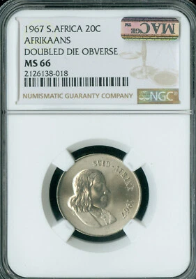1967 DDO SOUTH AFRICA AFRIKAANS 20 CENTS NGC MS66 MAC SPOTLESS DOUBLE DIE * - Image 1 of 4