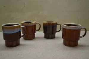 Vintage Mugs Stacking pottery Coffee Cups Amber Brown Drip Glaze China 1970s x4 - Picture 1 of 5