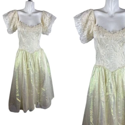 Vestido De Colección Años 90 Gunne Sax Blanco Iridiscente Fairycore Encaje Corpiño Fiesta Baile de graduación 7 Foto 1 de 4